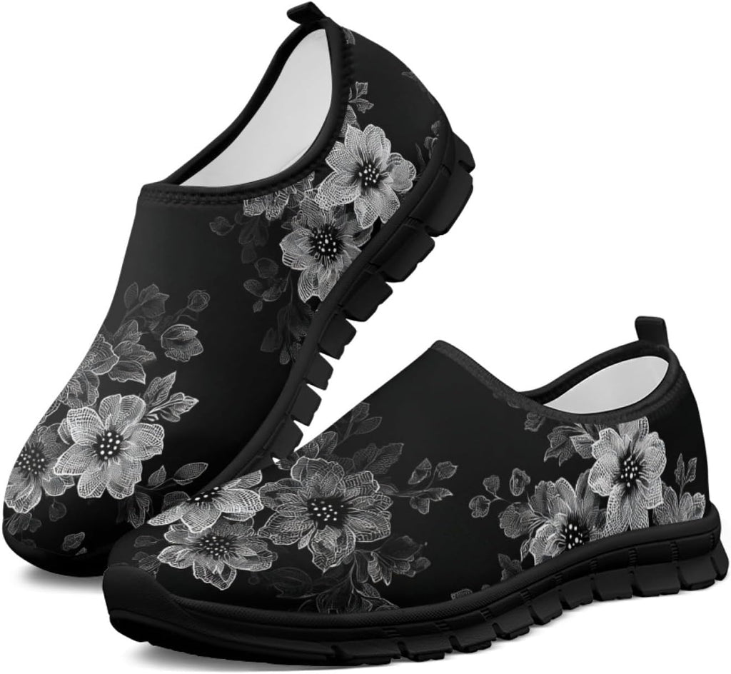 Women's Floral Print Walking Sneakers - Lightweight Athletic Shoes with Heel Pull Tab for Everyday Casual Wear - 10