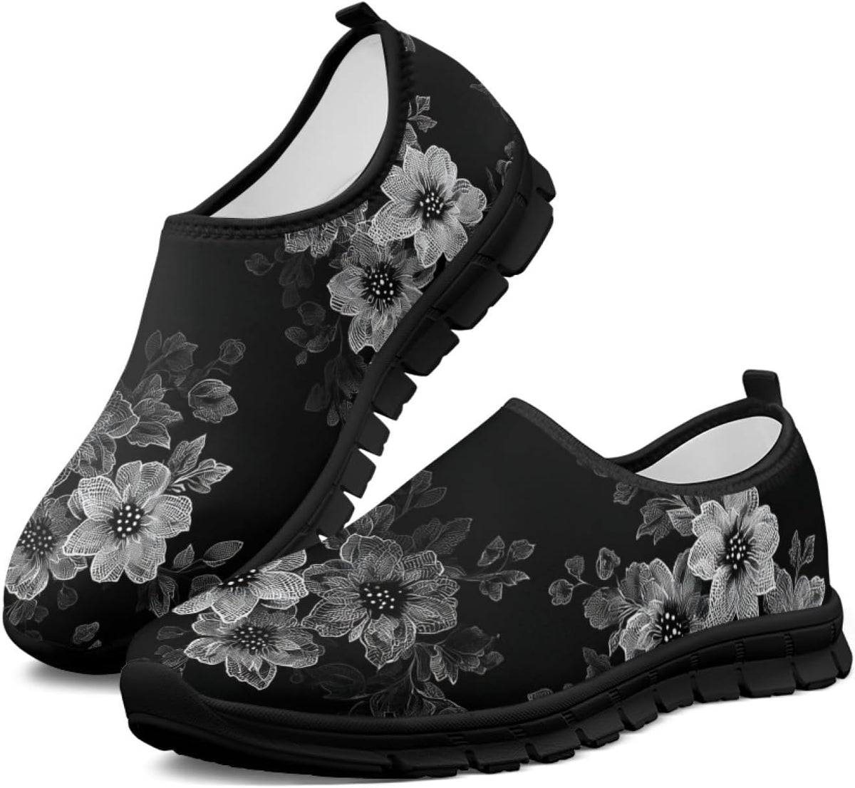 Women's Floral Print Walking Sneakers - Lightweight Athletic Shoes with Heel Pull Tab for Everyday Casual Wear - 10