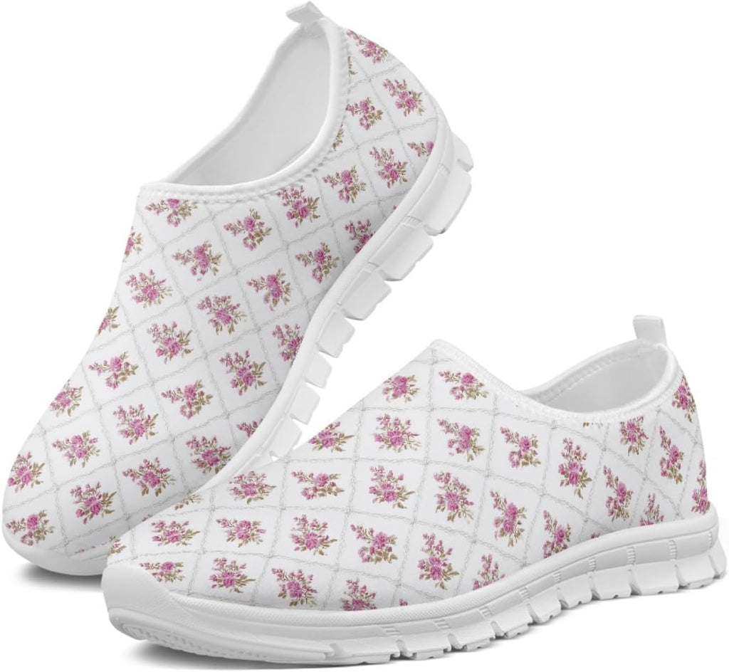 Women's Lightweight Floral Sneakers - Athletic Walking Shoes with Pull Tab and Cushioned Sole for Daily Errands - 6