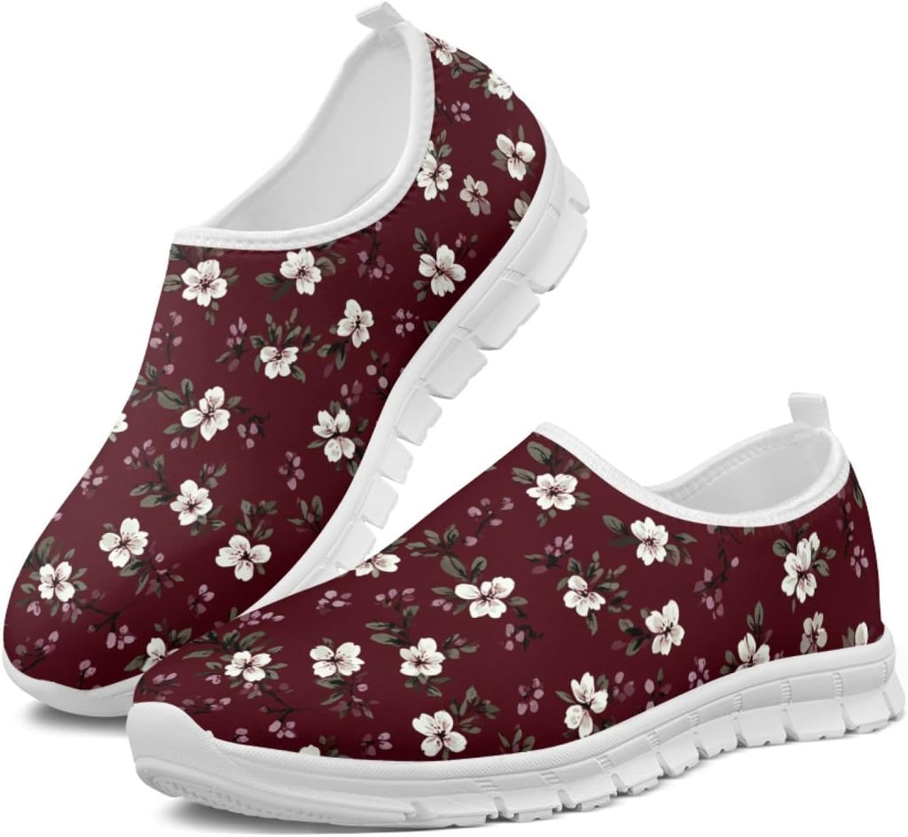 Women's Lightweight Floral Sneakers - Athletic Walking Shoes with Pull Tab and Cushioned Sole for Daily Errands - 8