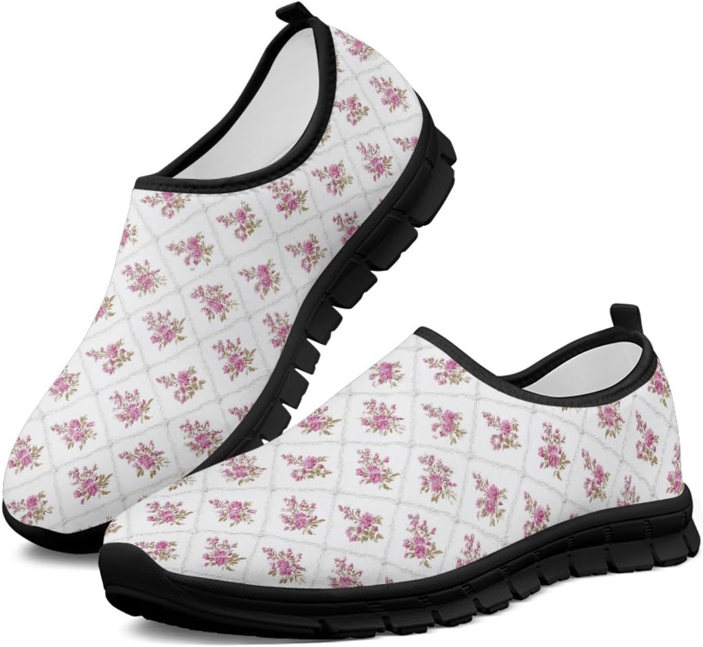 Women's Floral Print Walking Sneakers - Lightweight Athletic Shoes with Heel Pull Tab for Everyday Casual Wear - 7