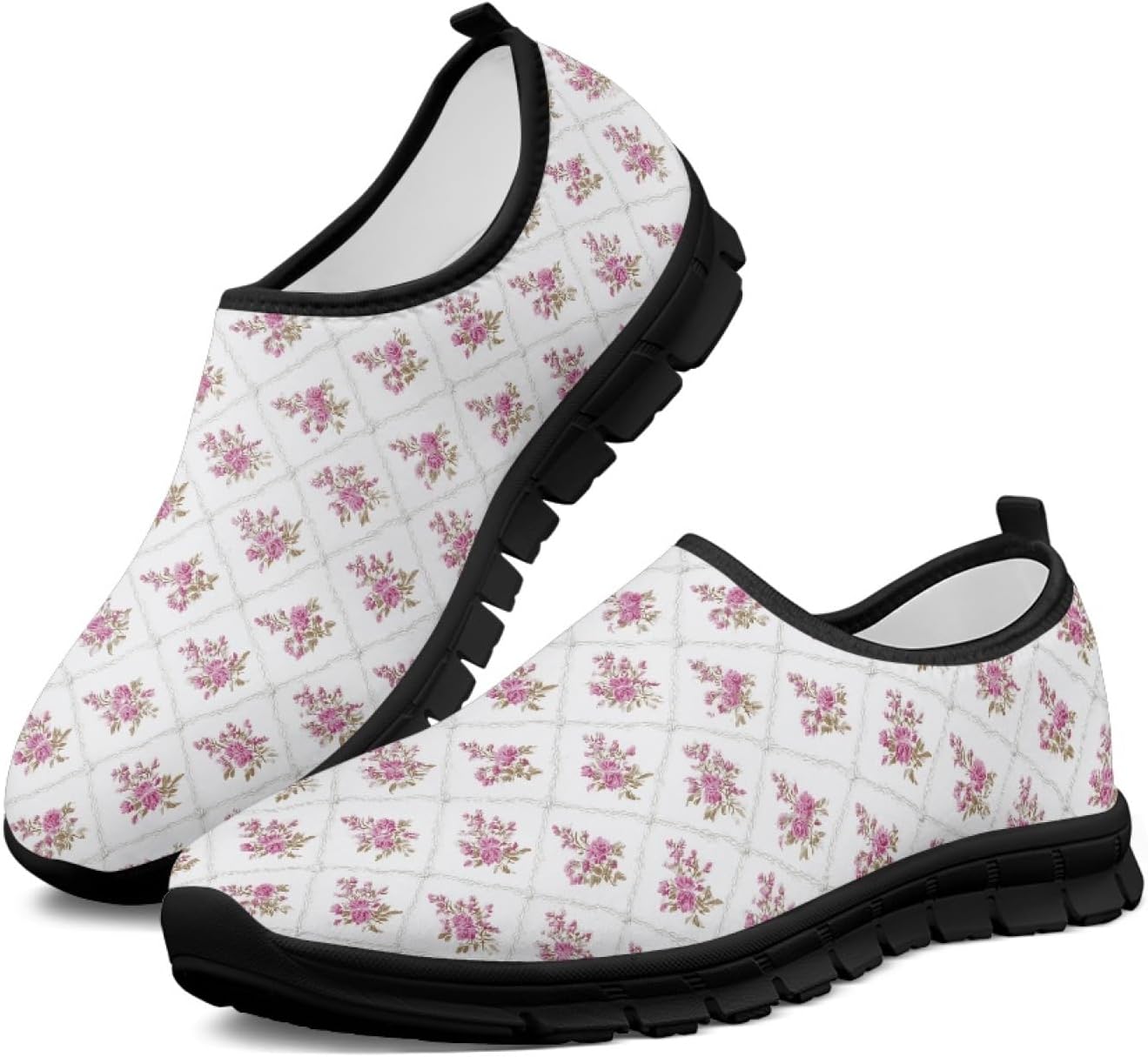 Women's Floral Print Walking Sneakers - Lightweight Athletic Shoes with Heel Pull Tab for Everyday Casual Wear - 7