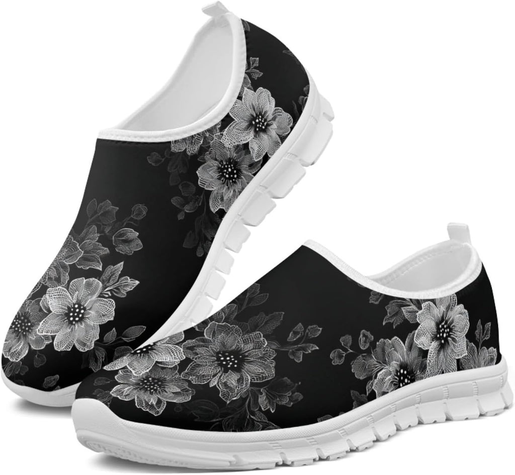Women's Lightweight Floral Sneakers - Athletic Walking Shoes with Pull Tab and Cushioned Sole for Daily Errands - 6