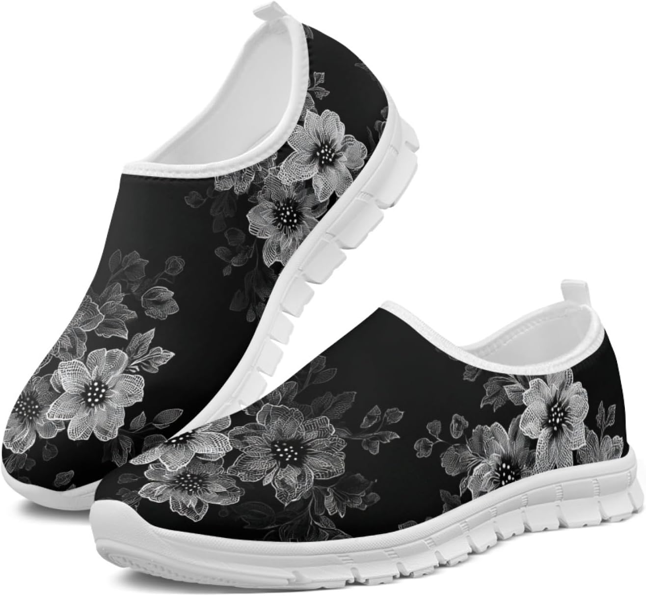 Women's Lightweight Floral Sneakers - Athletic Walking Shoes with Pull Tab and Cushioned Sole for Daily Errands - 6