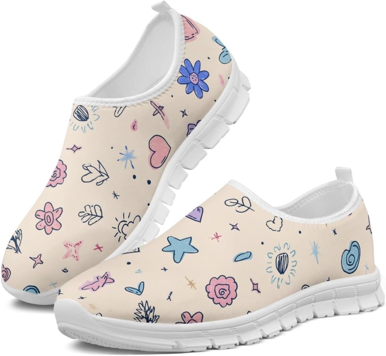 Women's Lightweight Floral Sneakers - Athletic Walking Shoes with Pull Tab and Cushioned Sole for Daily Errands - 6