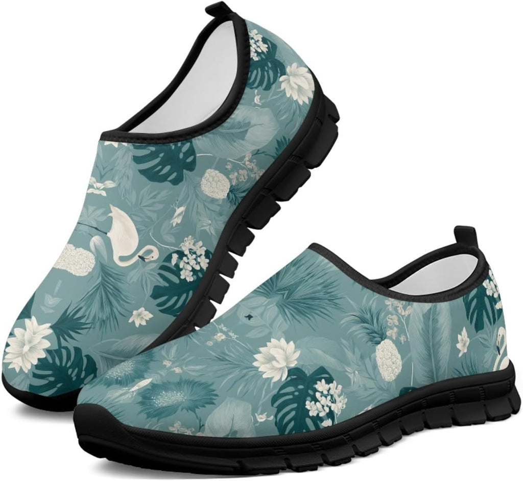 Women's Floral Print Walking Sneakers - Lightweight Athletic Shoes with Heel Pull Tab for Everyday Casual Wear - 7
