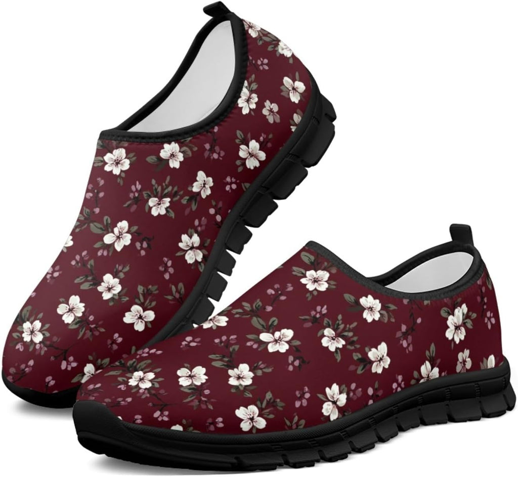 Women's Floral Print Walking Sneakers - Lightweight Athletic Shoes with Heel Pull Tab for Everyday Casual Wear - 6