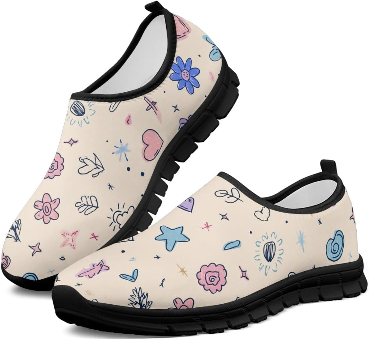 Women's Floral Print Walking Sneakers - Lightweight Athletic Shoes with Heel Pull Tab for Everyday Casual Wear - 8