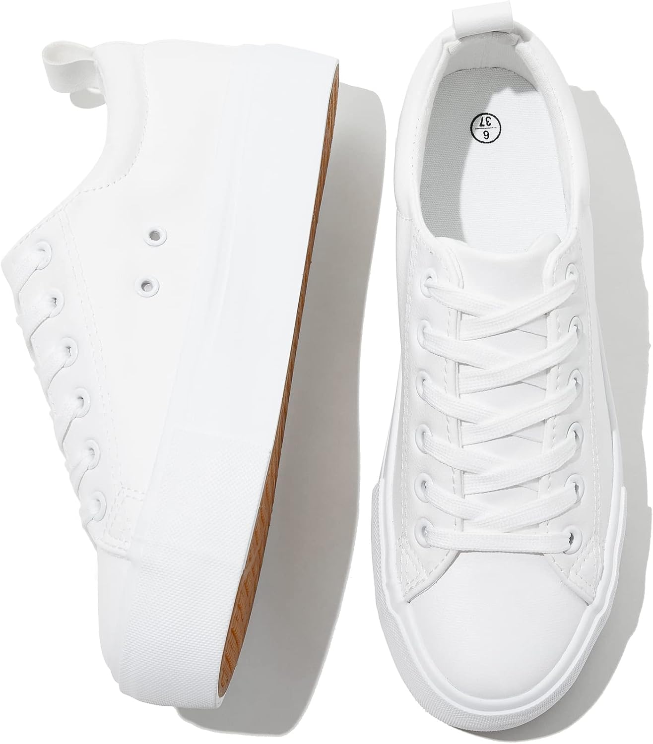 Women's White Platform Sneakers - Water Resistant Faux Leather Shoes with Slip Resistant Sole for Daily Wear - 6