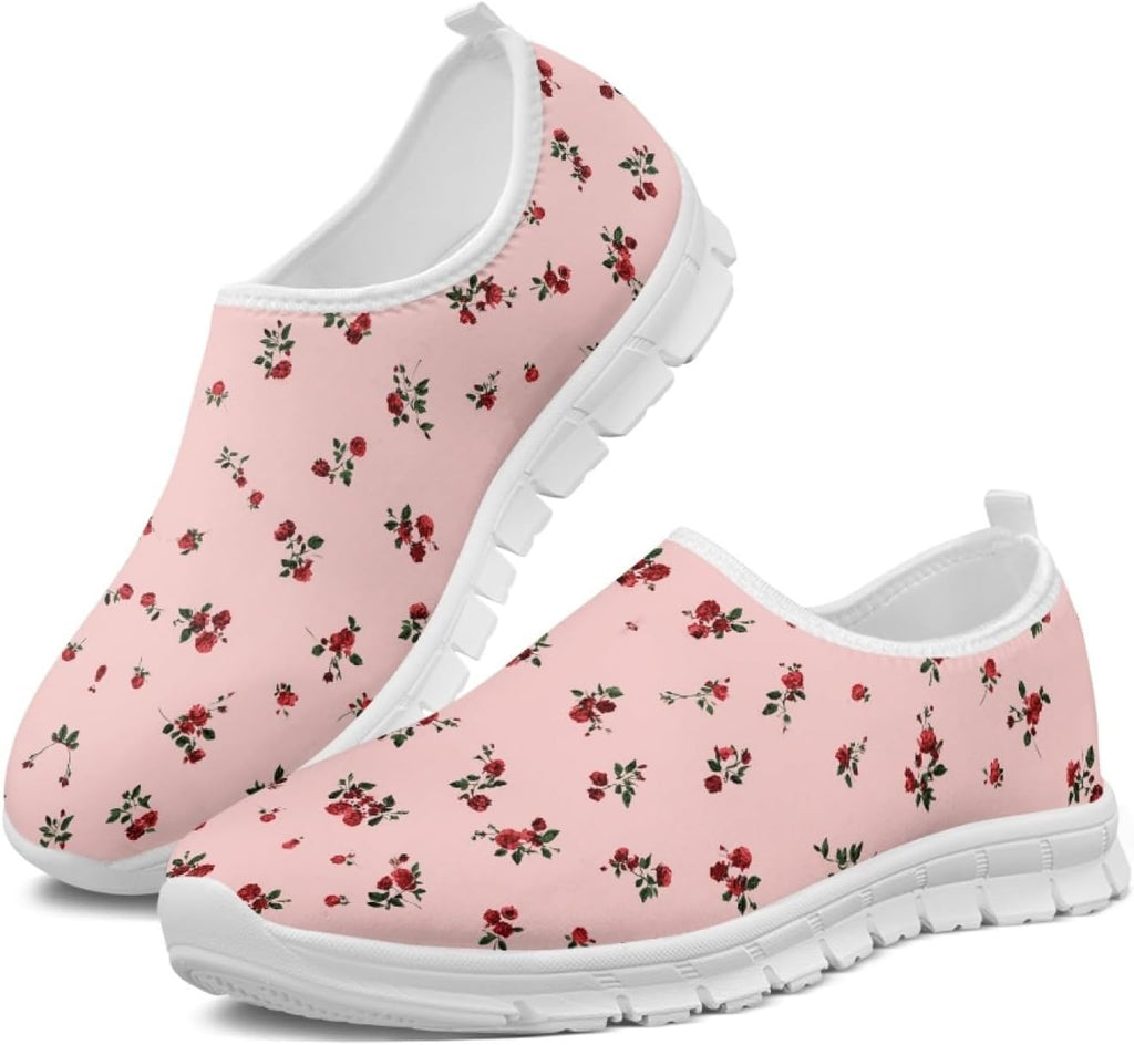 Women's Lightweight Floral Sneakers - Athletic Walking Shoes with Pull Tab and Cushioned Sole for Daily Errands - 8