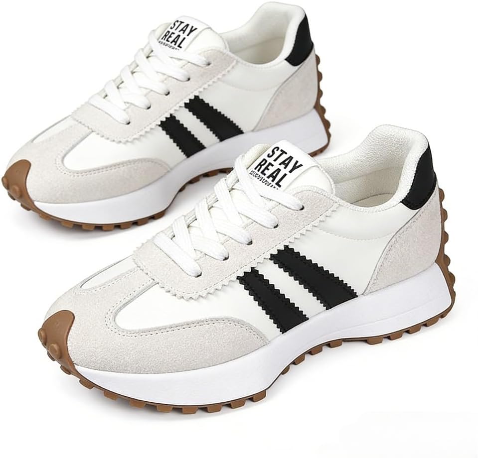 Women's Thick Sole Fashion Sneakers - Breathable Textile Upper with Rubber Outsole for All-Season Walking - Beige
