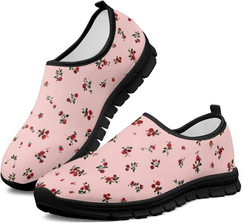 Women's Floral Print Walking Sneakers - Lightweight Athletic Shoes with Heel Pull Tab for Everyday Casual Wear - 8