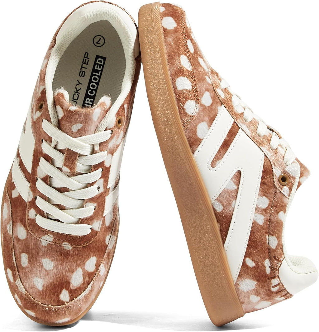 Women's Genuine Leather Retro Sneakers - Gum Sole Tennis Trainers with Anti-Slip Grip for Skate and Walking - 6