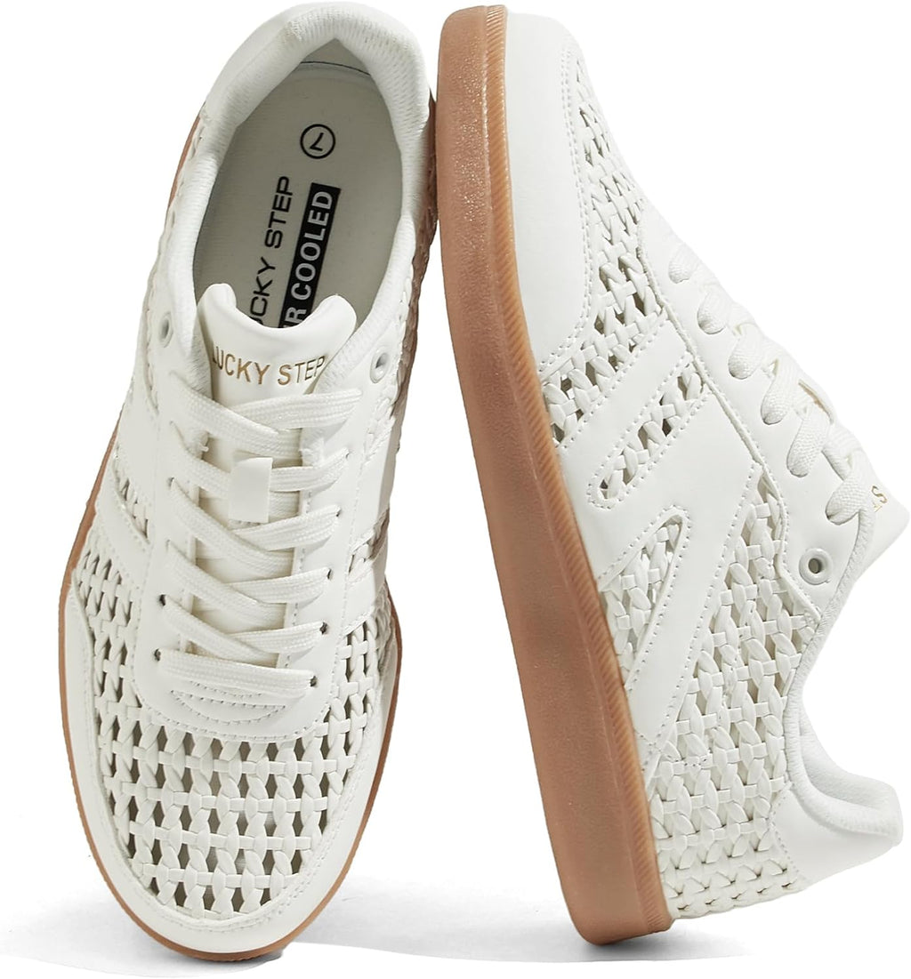 Women's Genuine Leather Retro Sneakers - Gum Sole Tennis Trainers with Anti-Slip Grip for Skate and Walking - 7