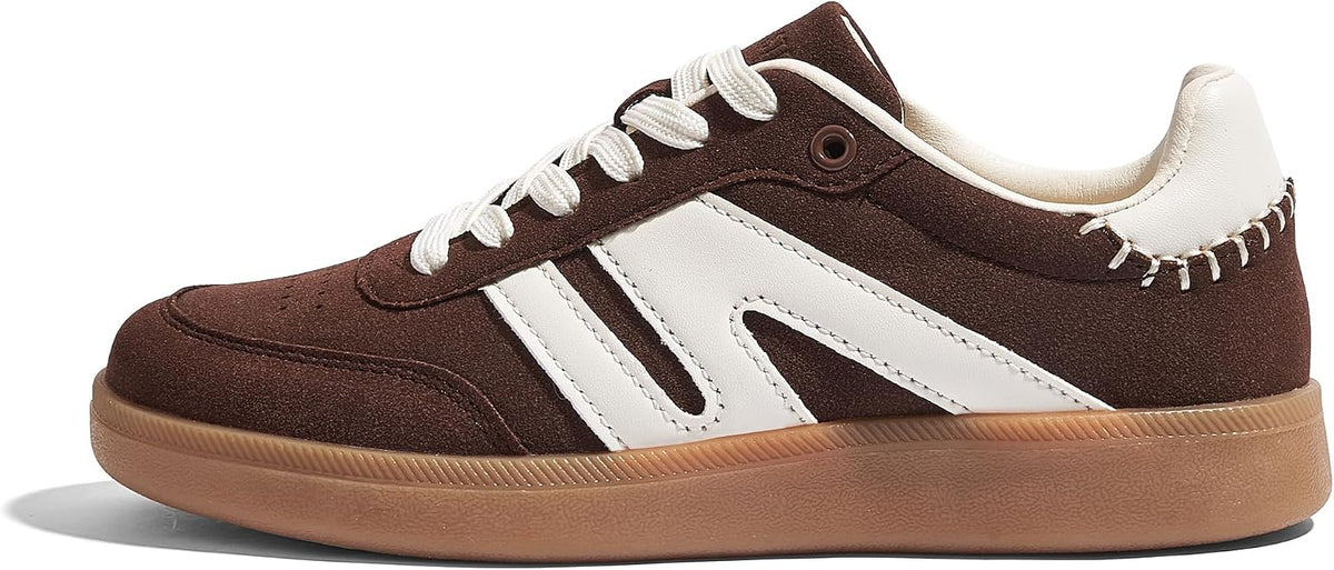 Women's Genuine Leather Retro Sneakers - Gum Sole Tennis Trainers with Anti-Slip Grip for Skate and Walking - 8