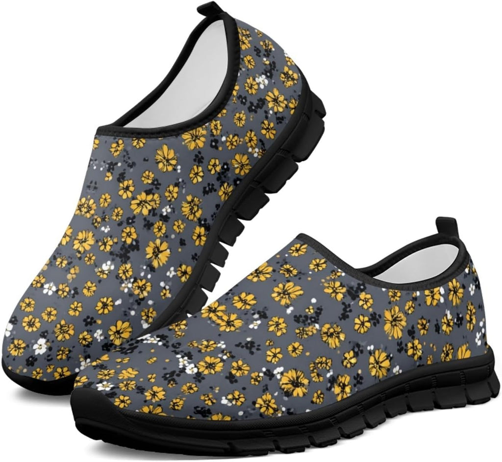 Women's Floral Print Walking Sneakers - Lightweight Athletic Shoes with Heel Pull Tab for Everyday Casual Wear - 7