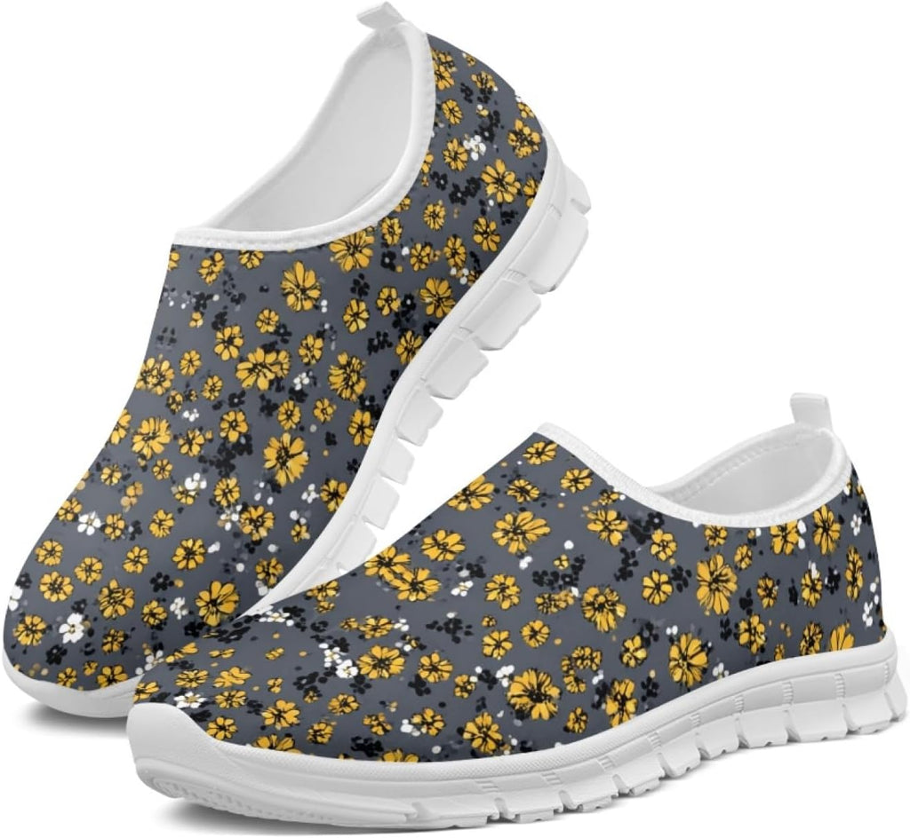 Women's Lightweight Floral Sneakers - Athletic Walking Shoes with Pull Tab and Cushioned Sole for Daily Errands - 8