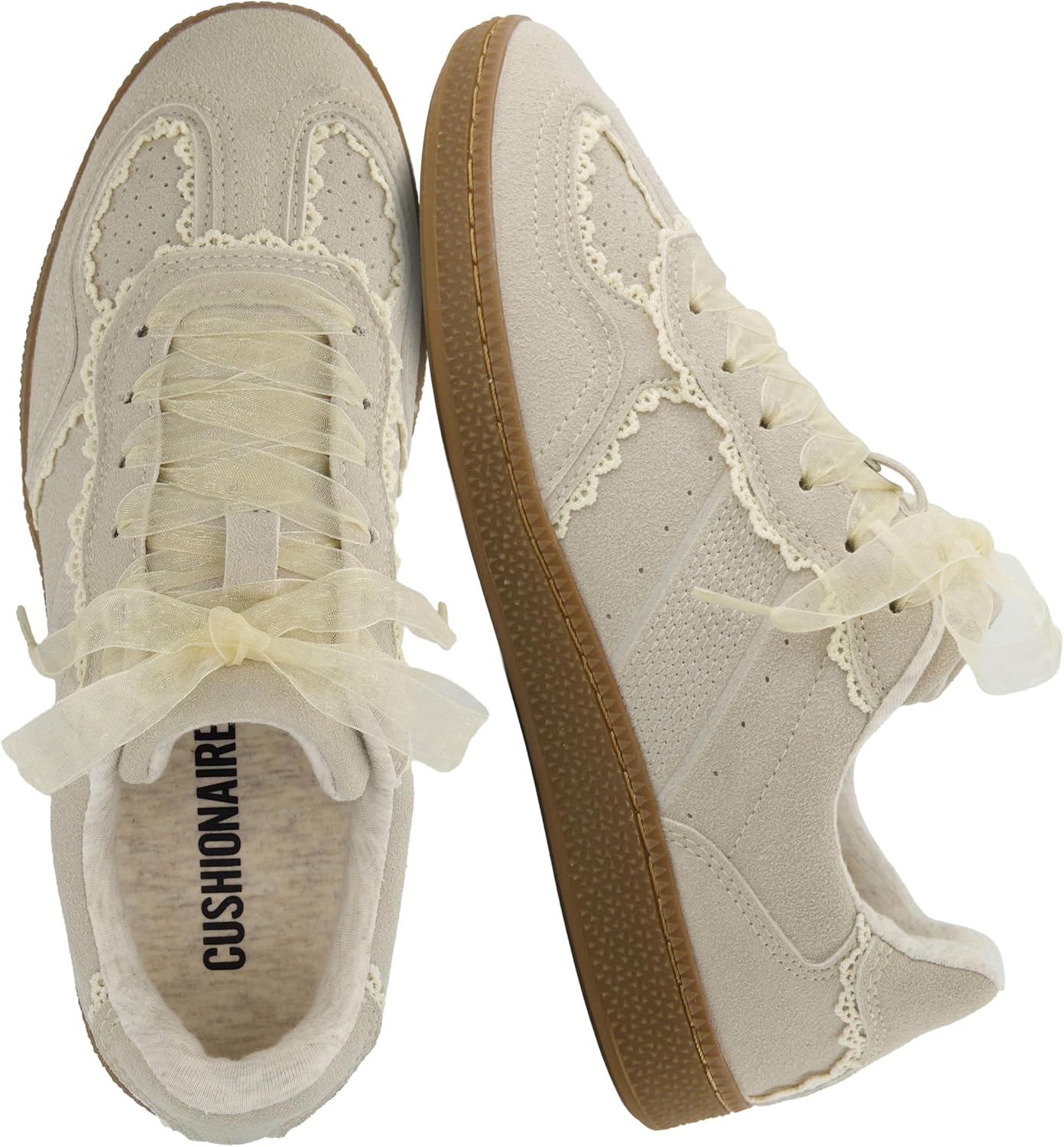 Women's Ribbon Lace Detail Sneakers - Memory Foam Casual Shoes in Regular and Wide Sizes - 6