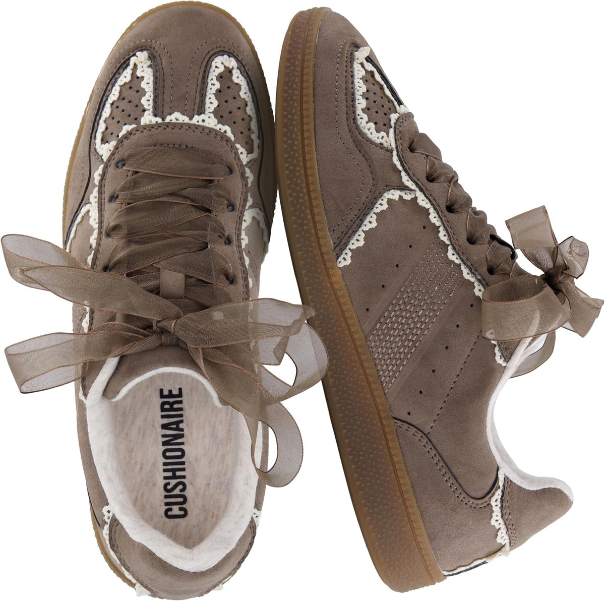 Women's Ribbon Lace Detail Sneakers - Memory Foam Casual Shoes in Regular and Wide Sizes - 6