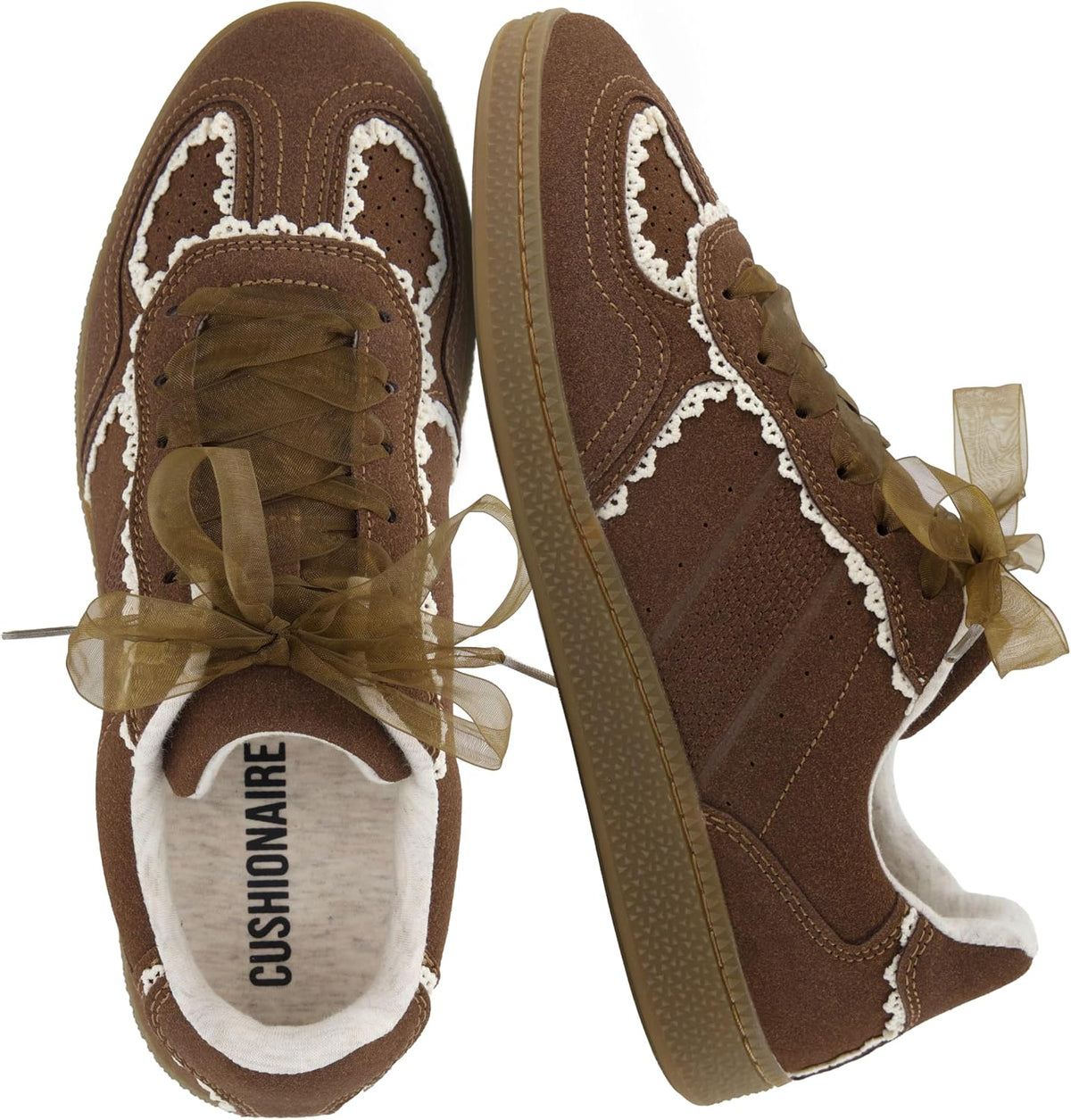 Women's Ribbon Lace Detail Sneakers - Memory Foam Casual Shoes in Regular and Wide Sizes - 6