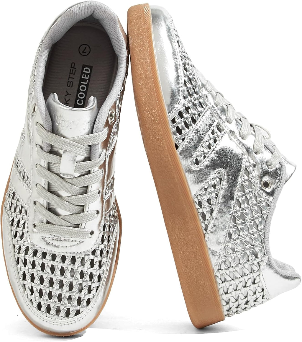 Women's Genuine Leather Retro Sneakers - Gum Sole Tennis Trainers with Anti-Slip Grip for Skate and Walking - 6