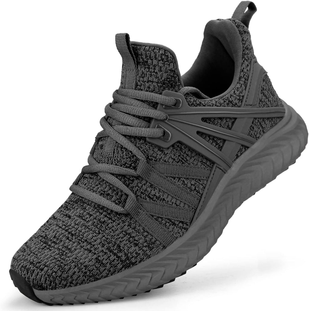 Dark grey heather knit lace-up sneaker with molded side cage, side view