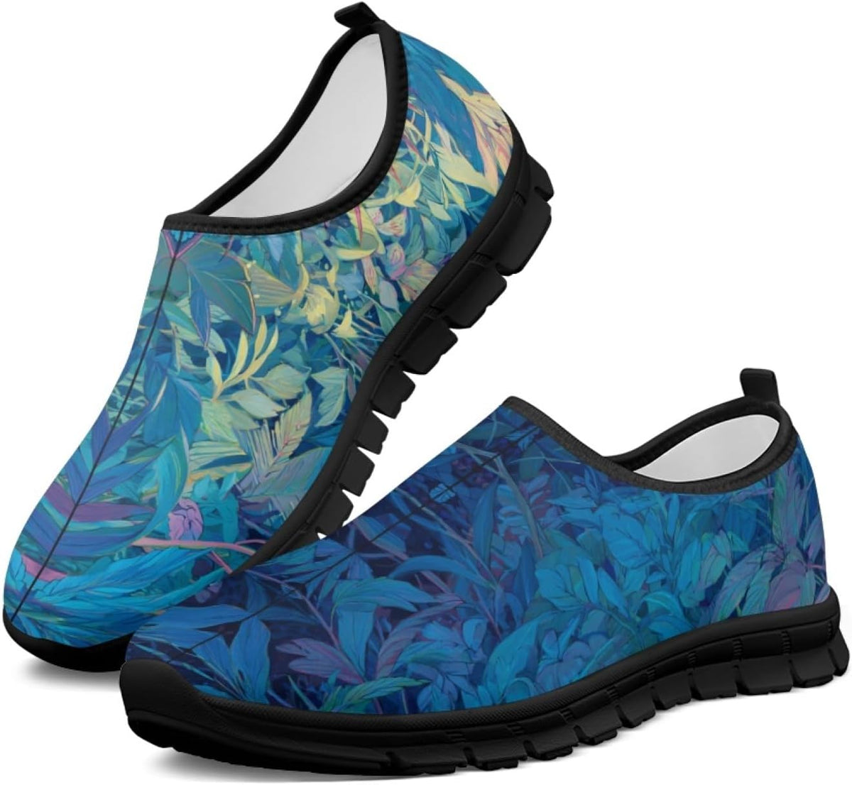 Slip-on sneakers with blue tropical leaf print and black sole