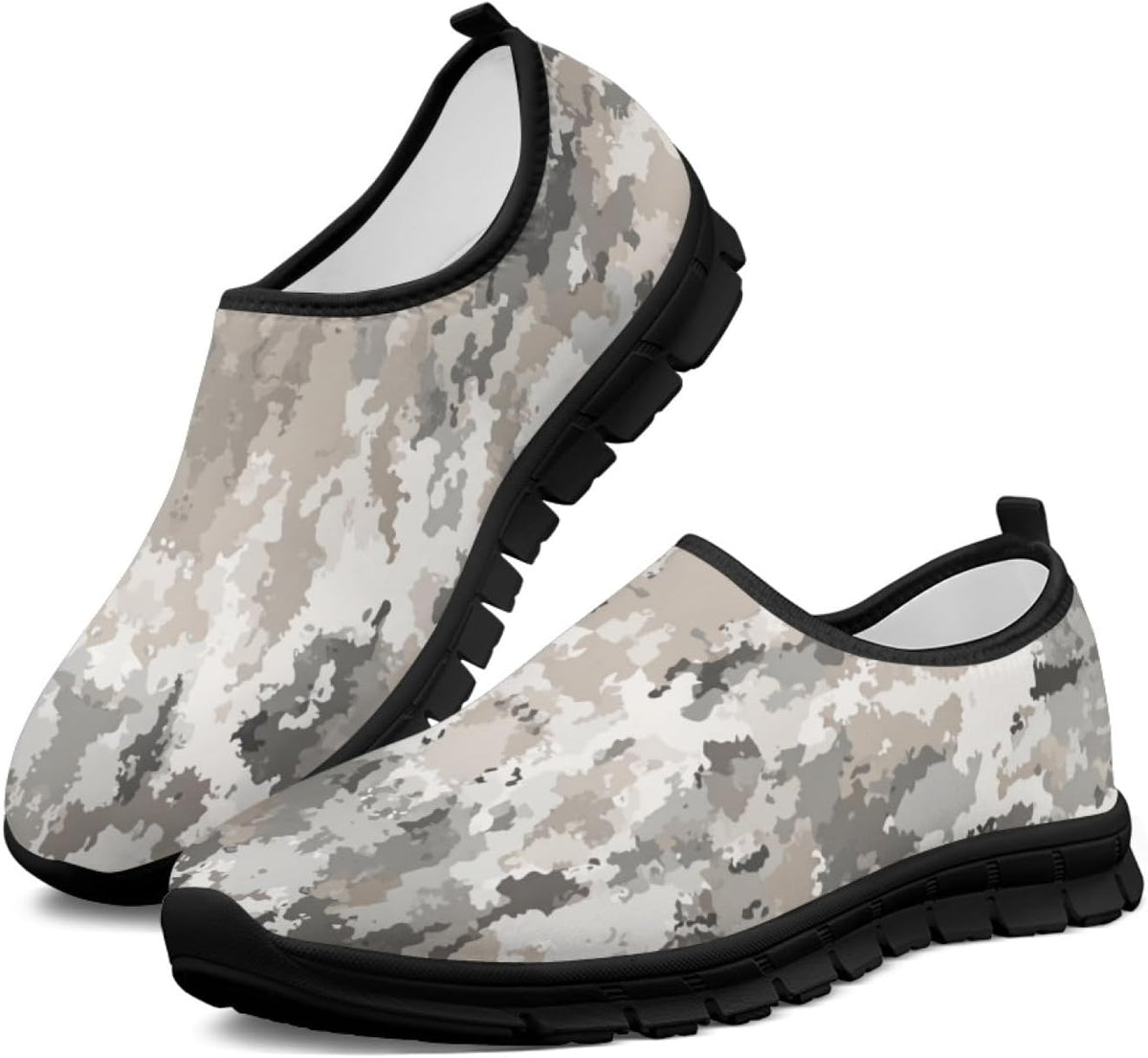 Slip-on sneakers with grey camouflage print and black sole