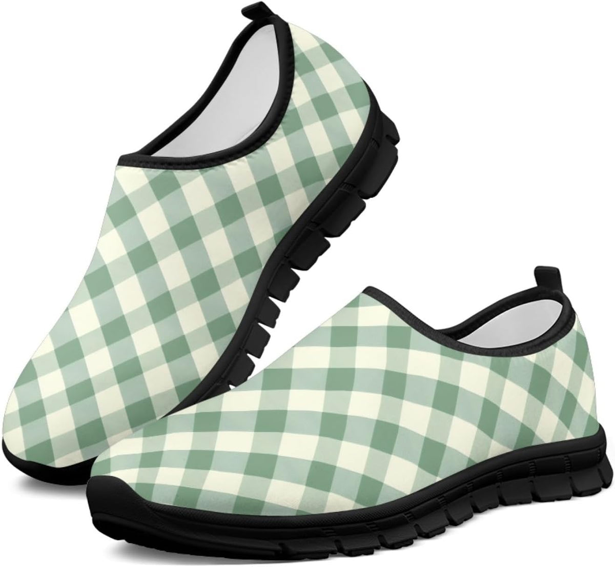 Slip-on sneakers with green gingham print and black sole