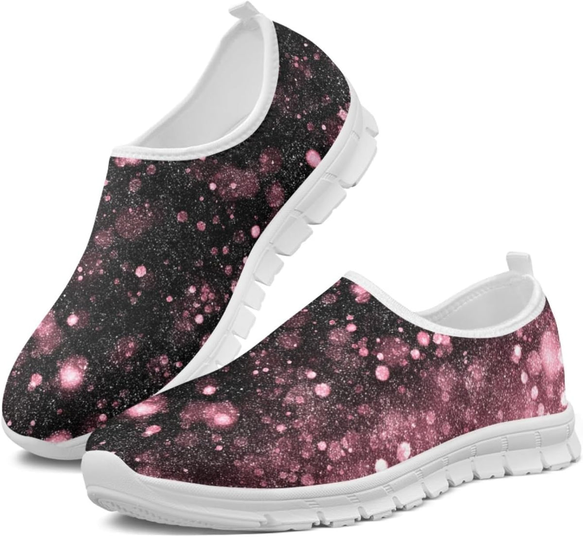 Slip-on sneakers with black and pink speckle print and white sole