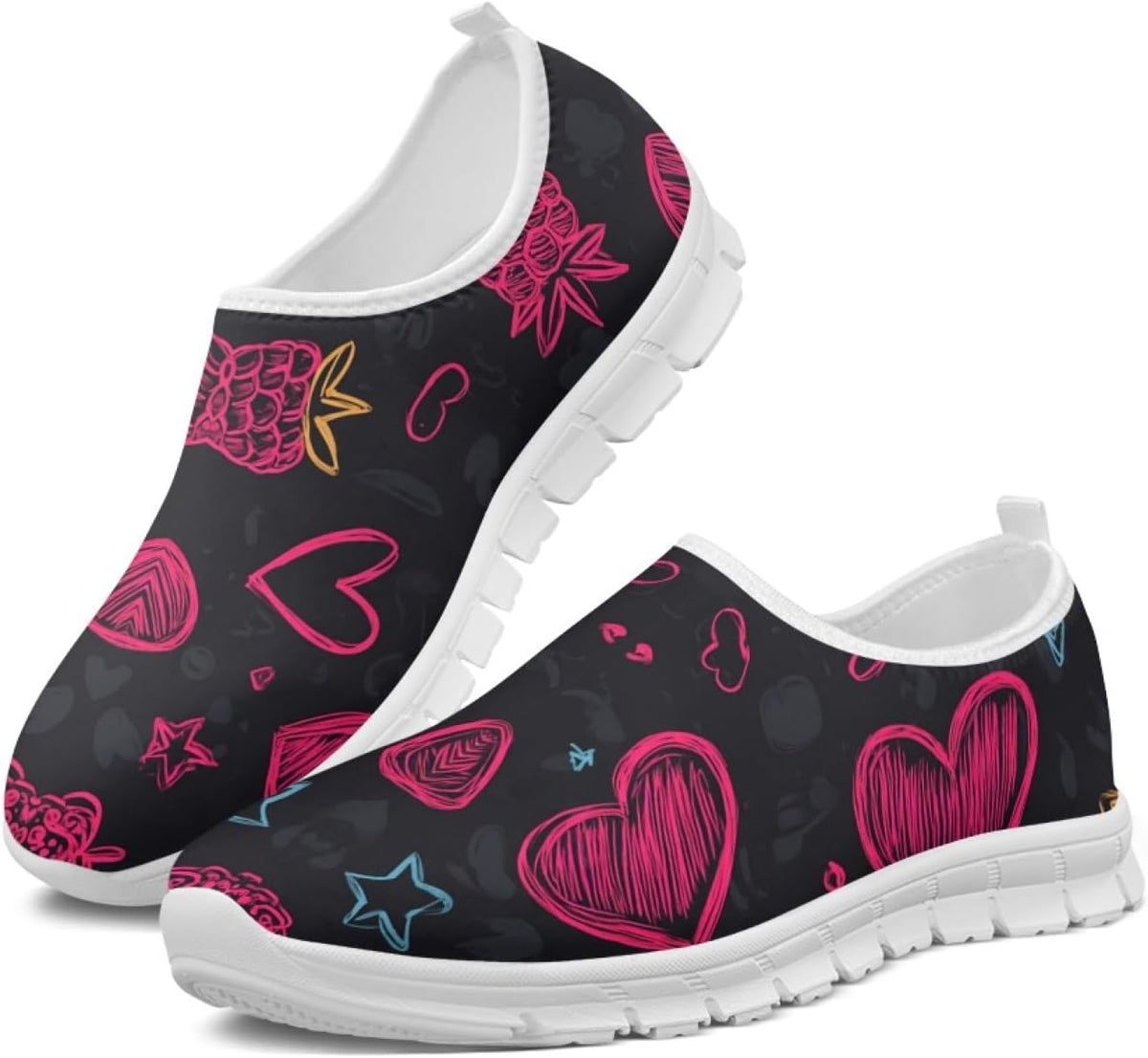 Slip-on sneakers with black and pink heart print and white sole